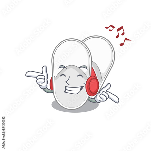 hotel slippers Cartoon design concept listening music on headphone