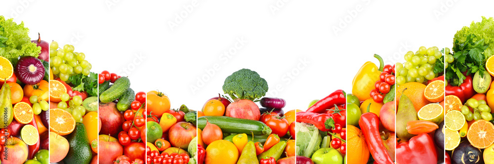 Panoramic photo of different fruits and vegetables isolated on white