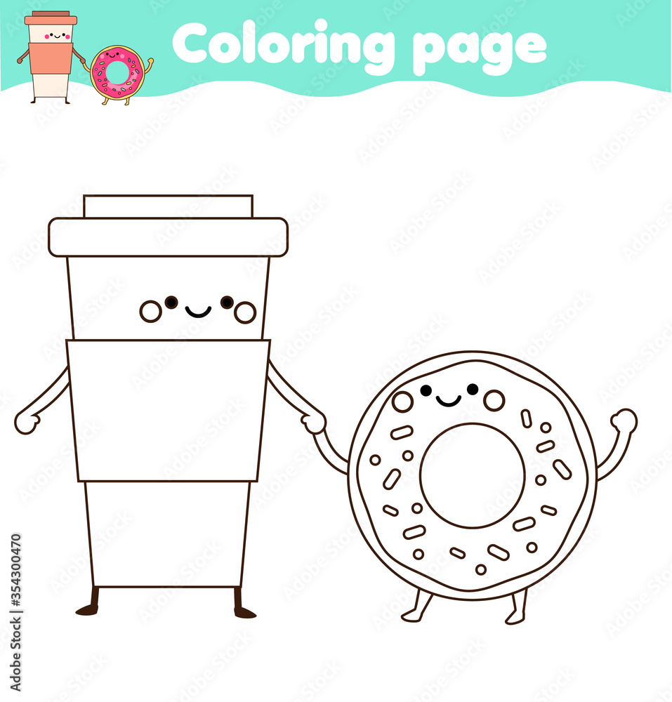 Coloring page with cartoon coffee and donut. Drawing kids activity ...