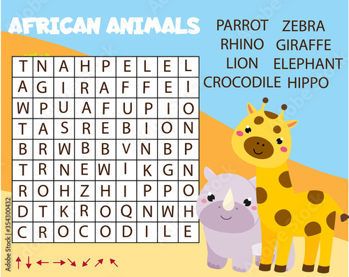 Educational game for children. Word search puzzle. Learn african animals for kids and toddlers