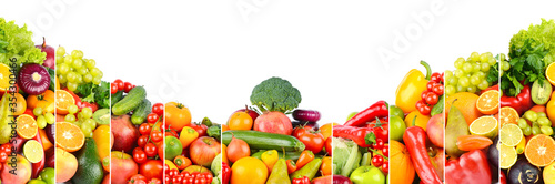 Panoramic photo of different fruits and vegetables isolated on white