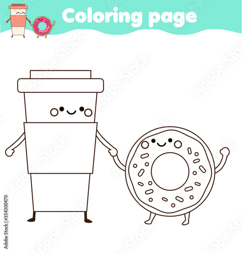 Coloring page with cartoon coffee and donut. Drawing kids activity. Printable fun for toddlers and children