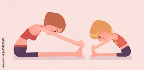 Family yoga, yogi mother, daughter in sport wear practicing yoga, doing Seated forward bend pose, paschimottanasana exercise, yogic practice together. Vector flat style cartoon illustration, side view