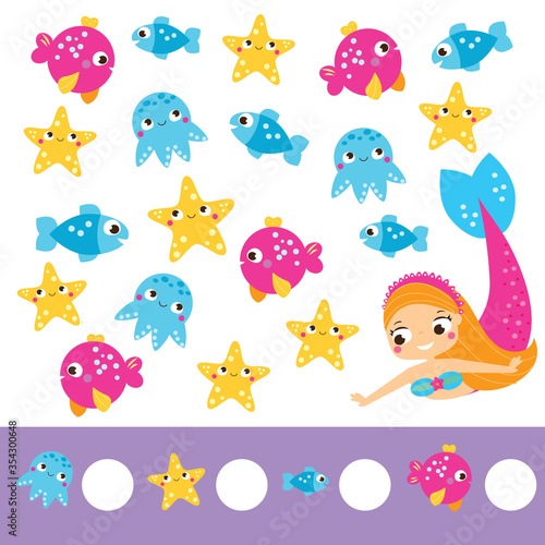 Mathematics educational children game. Study counting  numbers  addition. help mermaid count fish