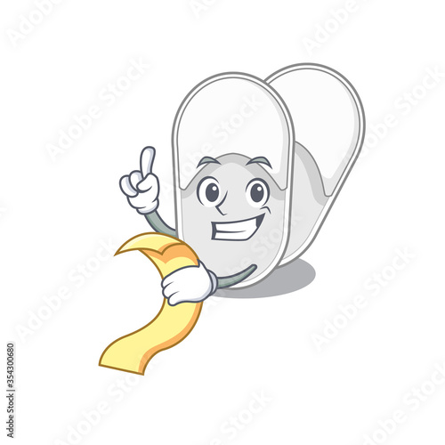 hotel slippers mascot character style with a menu on his hand