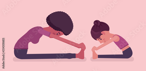 Family yoga, black yogi mother, daughter in sport wear practicing doing Seated forward bend pose, paschimottanasana exercise, yogic practice together. Vector flat style cartoon illustration, side view