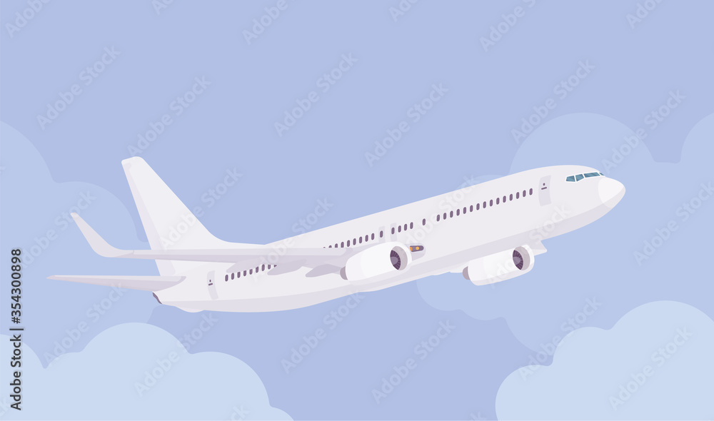 Passenger white plane taking off, airline aircraft departure, leaving the ground for flight. Airport business vehicle sky travel jet or holiday aviation tourism. Vector flat style cartoon illustration