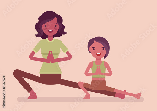 Family yoga, young black yogi mother and daughter in sports wear practicing workout, doing fitness pose, stretch exercise for yogic practice together. Vector flat style cartoon illustration, side view