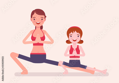 Family yoga, young happy yogi mother and daughter in sports wear practicing workout, doing fitness pose, stretch exercise for yogic practice together. Vector flat style cartoon illustration, side view