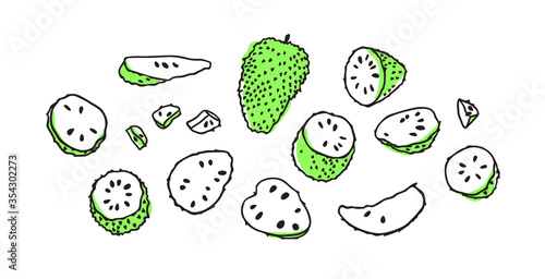 Hand drawn stylish fruit and vegetable. Vector artistic drawing fresh organic food. Summer illustration vegan ingrediens for smoothies