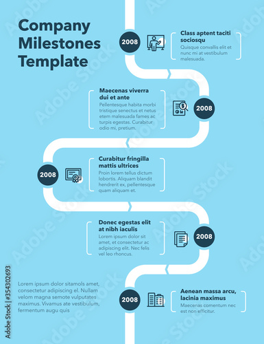 Modern company milestones timeline template - blue version. Easy to use for your website or presentation. photo