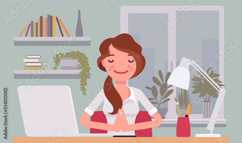 Office worker meditating to concentrate, yogi woman practicing yoga at workplace, doing Namaste hand gesture, Mudra pose, relaxation before, after hard work day. Vector flat style cartoon illustration