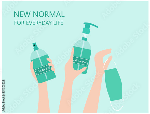 New normal concept hand holiding face mask, hands sanitizer and 75% alcohol spray to protect from COVID-19 coronavirus disease outbreak vector illustration. New normal for everyday life concept
