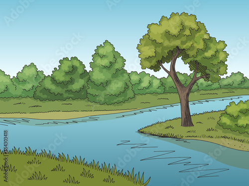 Forest river graphic color landscape sketch illustration vector 