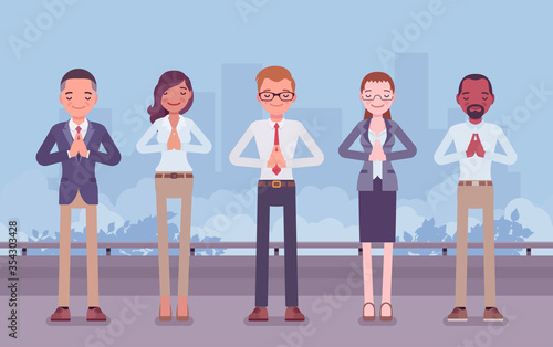 Office yoga group of business people doing Namaste hand gesture, Mudra pose, bowing in greeting, yogic relaxation techniques for physical, mental health at work. Vector flat style cartoon illustration