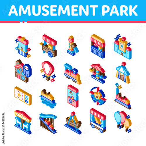 Amusement Park And Attraction Icons Set Vector. Isometric Castle And Train, Electrical Car And Boat, Ticket And Air Balloon Attraction Illustrations
