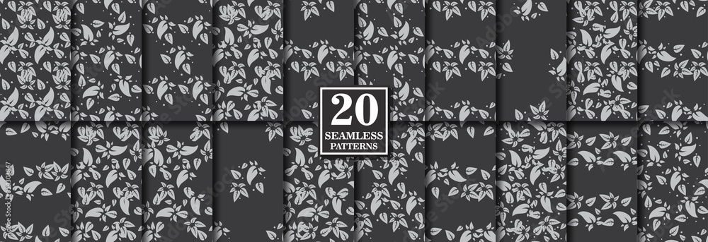 Set of 20 seamless vector patterns. Floral leaves motif for textile print, wrapping gift paper or web project. Repeating vector illustration. Set of 20 seamless vector patterns. Floral leaves motif for textile print, wrapping gift paper or web project. Repeating vector illustration.