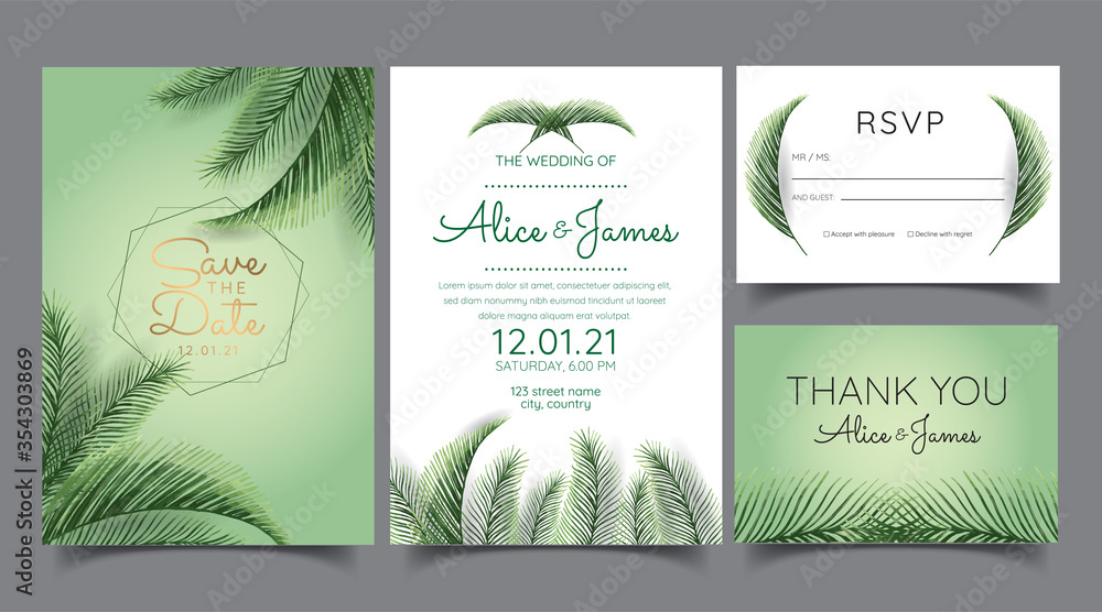 tropical wedding invitation cards, palm leaf. vector