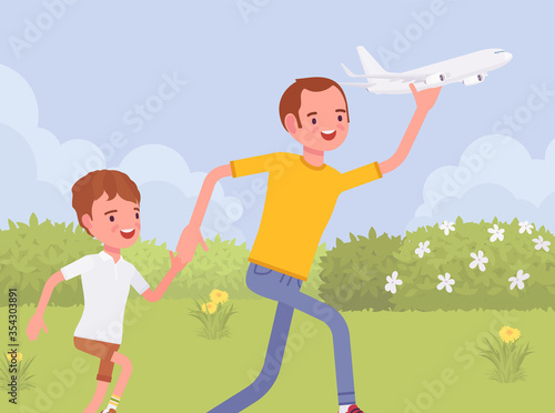 Happy family, father and son playing with toy airplane. Parent with child running outdoor holding aero plane in hand, enjoy jet model, creative playtime for kid. Vector flat style cartoon illustration