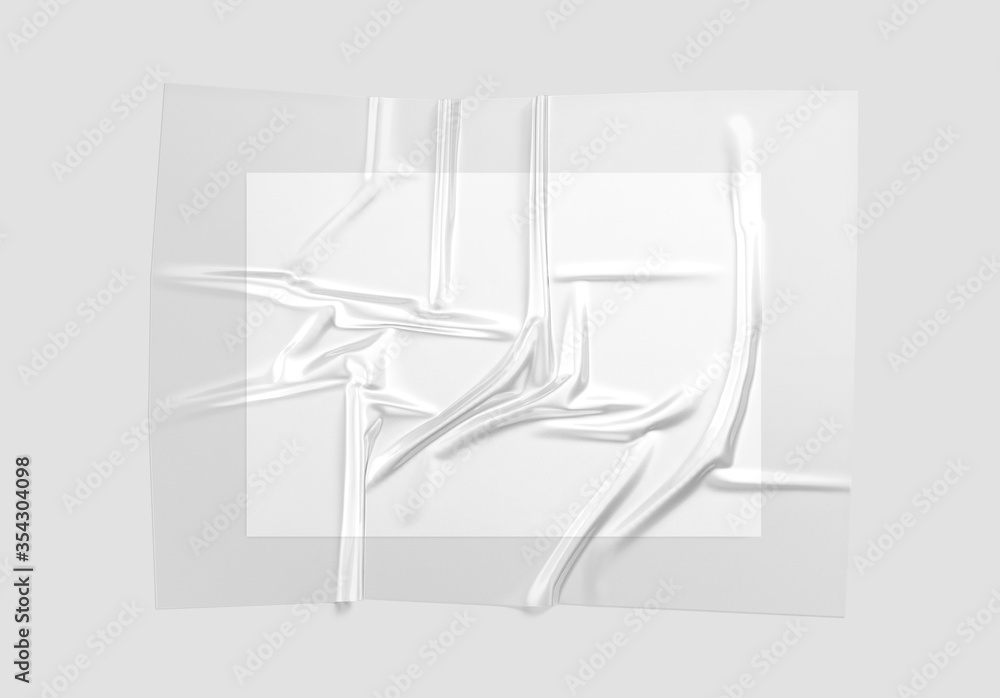 Blank transparent plastic foil wrap overlay with poster mockup Stock