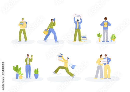 People read books indoor and outdoor, activities of literature fans concept, man and woman read and study, flat cartoon textured characters isolated on white - vector set illustration