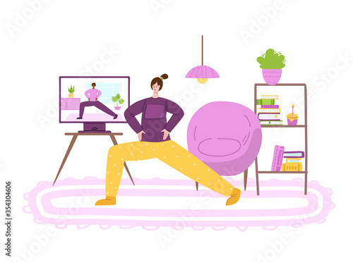 Woman doing sport exercises at home in living room. Indoor online training or workout concept by internet. Home activity for people health. Girl doing fitness lunges - vector illustration on white