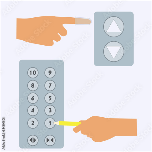 using finger cover and pencil to press a elevator button. concept illustration vector design