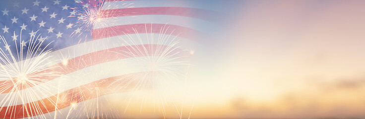 Celebration colorful firework on America flag pattern on sky background, red blue white strip concept for USA 4th july independence day, symbol of patriot freedom and democracy in memorial day festive