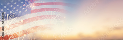 Fototapet Celebration colorful firework on America flag pattern on sky background, red blu