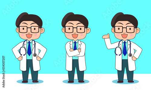 Doctor with 3 poses give information (with line stroke)