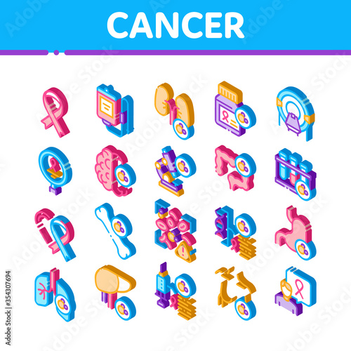Cancer Human Disease Icons Set Vector. Isometric Stomach And Intestines, Brain And Kidneys, Liver And Lungs Cancer, Research And Treatment Illustrations