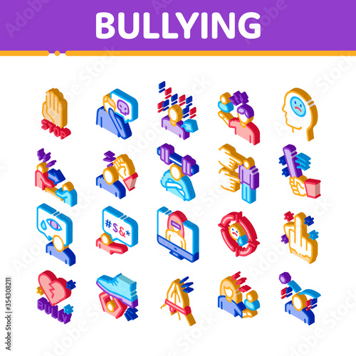 Bullying Aggression Icons Set Vector. Isometric Internet Bullying And Name-calling, Beating And Showing Indecent Gesture Illustrations