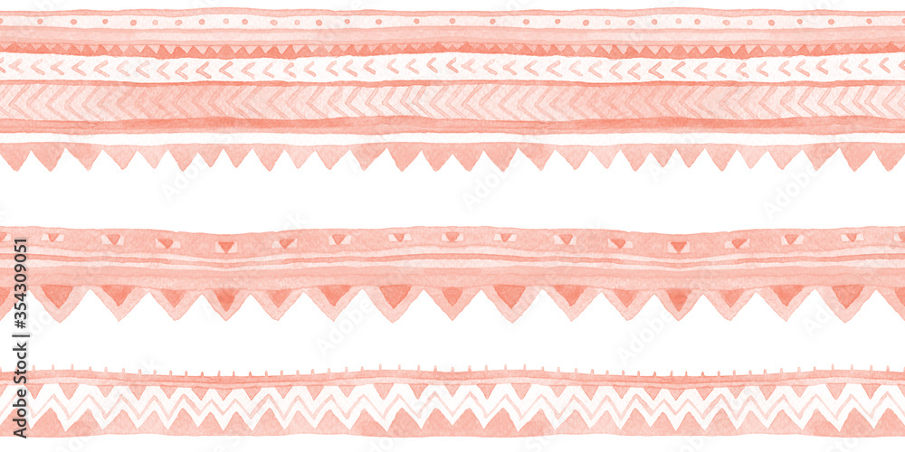 Coral pink tribal seamless borders with stripes and ornament. Watercolor raster ethnic design element.