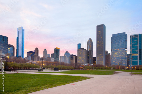 Downtown city skyline at dusk, Chicago, Illinois, United States