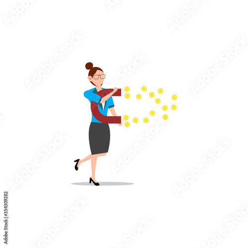 Cartoon character illustration of successful young business woman with a big magnet and attract coin. Flat design isolated on white background.