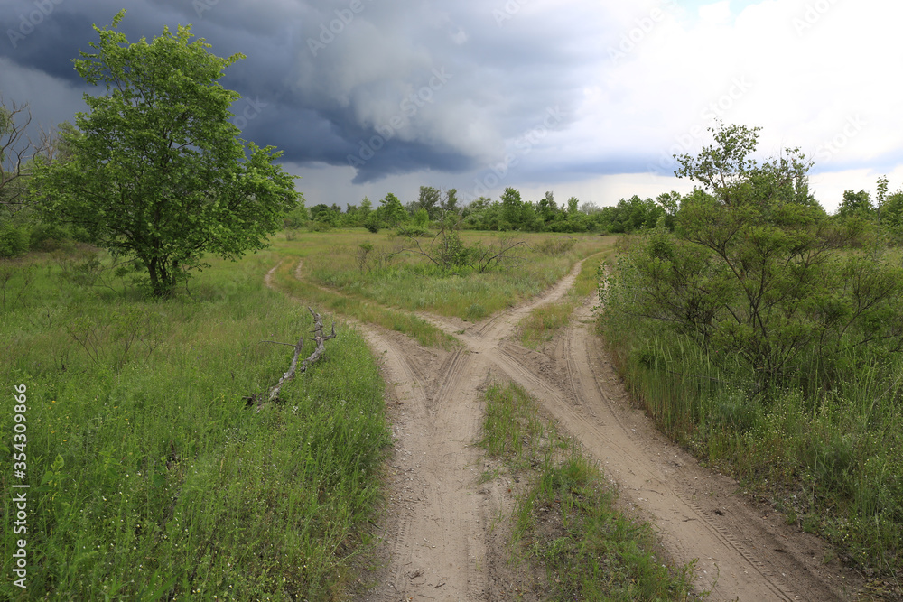fork roads in steppe before thunderstorm