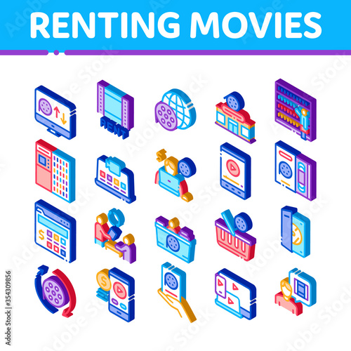 Renting Movies Service Icons Set Vector. Isometric Renting Movies Store, Internet OnWatching And Download, Compact Disk And Reel Illustrations