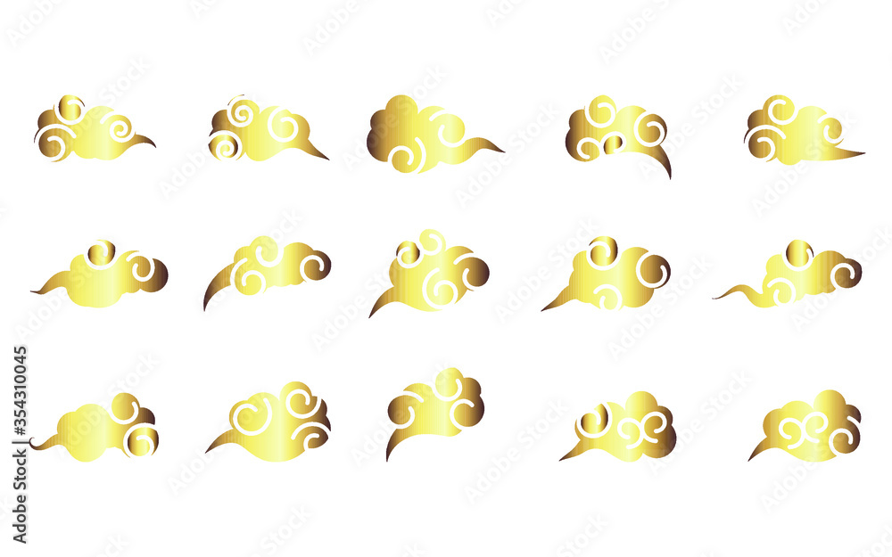 Collection of decorative golden clouds in oriental style, for Chinese New Year, Mid Autumn Festival. Isolated objects. Vector illustration. Asian cloud vector for Graphic design.
