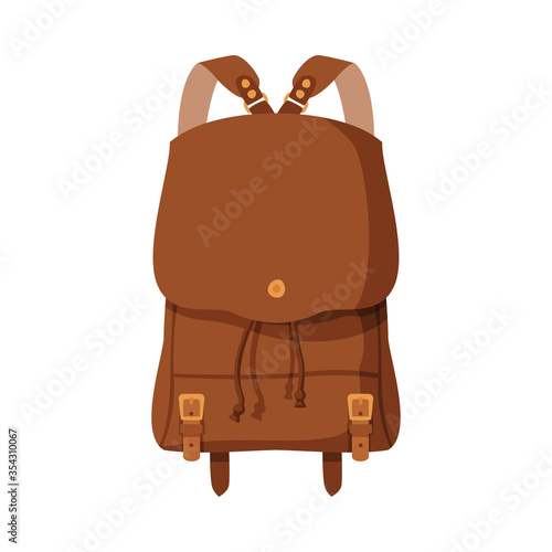 Brown Backpack, Front View of Schoolbag or Camping Backpack Flat Style Vector Illustration on White Background