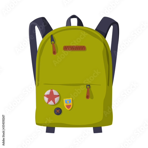 Green Backpack with Front Zippered Pocket for Schoolchildren or Students, Front View of Travel Bag for Backpacking Flat Style Vector Illustration