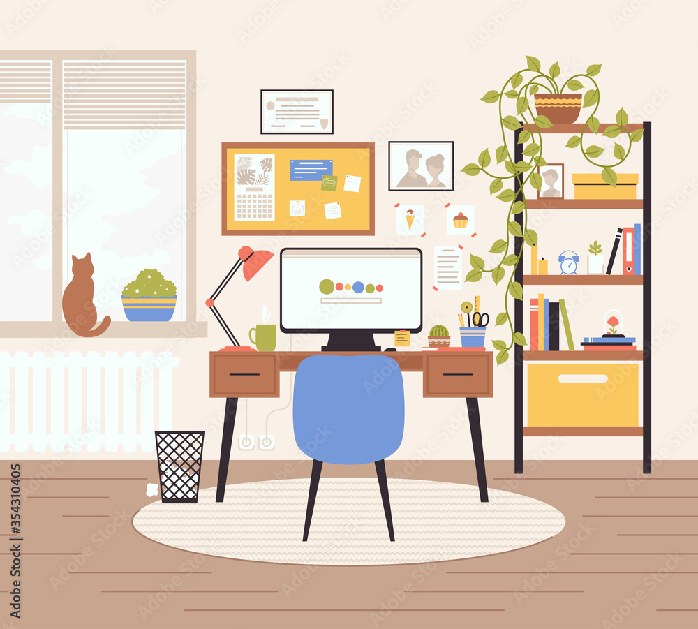 Fototapeta premium Cartoon Color Workplace Room Interior Inside Concept. Vector