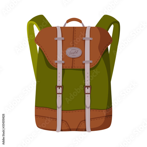 Green and Brown Backpack, Front View of Schoolbag or Camping Knapsack Flat Style Vector Illustration on White Background