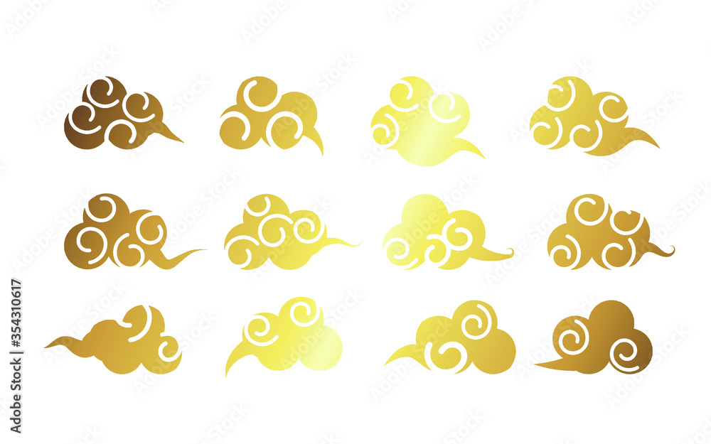 Collection golden clouds in Chinese style. Asian pattern for Chinese New Year, Mid Autumn Festival Isolated objects. Vector illustration. Asian cloud vector for Graphic design.