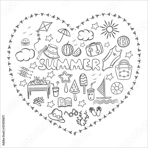 A big set of sketches for summer holidays and vacations in nature. Vector isolated elements in Doodle style on a white background. Design for travel and outdoor relax, for privacy and isolation.