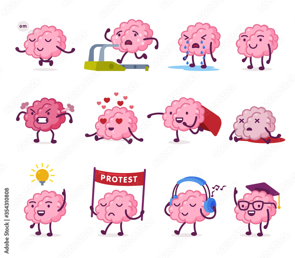 Pink Humanized Brain with Various Emotions Set, Funny Human Nervous System Organ Cartoon Character in Different Situations Vector Illustration on White Background Pink Humanized Brain with Various Emotions Set, Funny Human Nervous System Organ Cartoon Character in Different Situations Vector Illustration on White Background