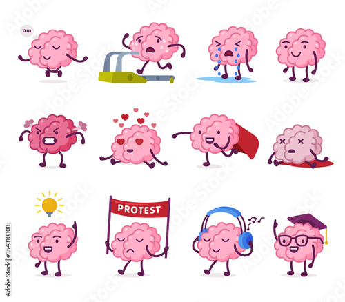 Pink Humanized Brain with Various Emotions Set, Funny Human Nervous System Organ Cartoon Character in Different Situations Vector Illustration on White Background