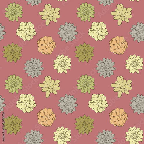 Colorful hand drawn succulents, vector seamless pattern