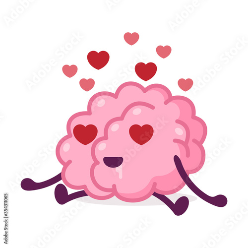 Romantic Pink Brain with Heart Shaped Eyes, Funny Human Nervous System Organ Cartoon Character Vector Illustration on White Background