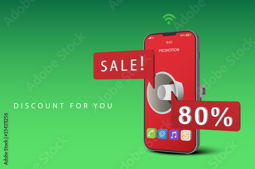 Announcement on sale 80% online. Megaphone with red smartphone. Online notification. Social media on mobile phone. Discount News. Marketing creative idea.