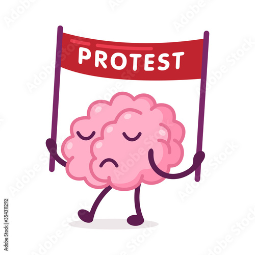 Protesting Brain with Placard on Demonstration, Funny Human Nervous System Organ Cartoon Character Vector Illustration on White Background